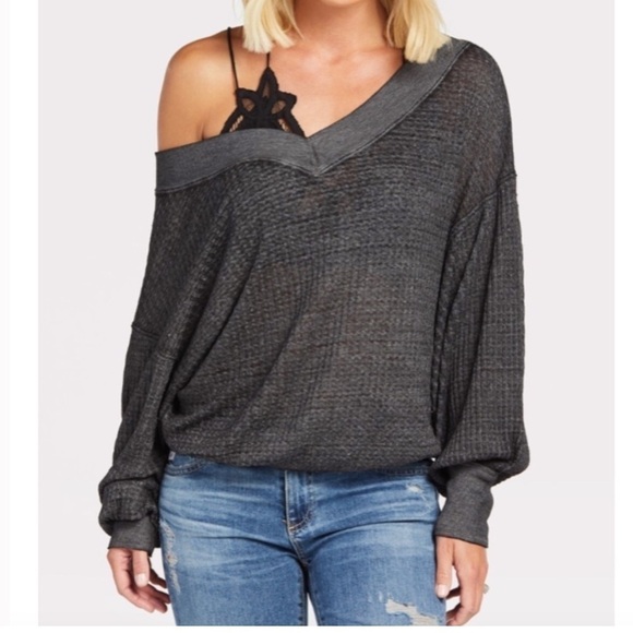 We the Free South Side Thermal Sweatshirt Waffle Black Festival Boho Burnout - Picture 3 of 13